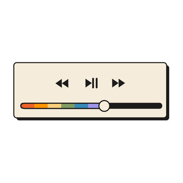 Retro 90s compact audio media player widget with rainbow pride progress slider and music control buttons isolated on white. Vintage Y2K sound application layout element for LGBTQ Pride Month design.