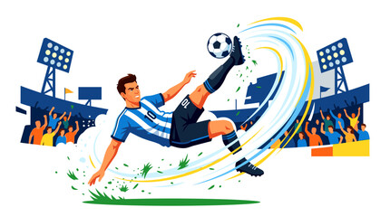 Fototapeta premium Vibrant illustration of a soccer player executing a spectacular overhead kick in a stadium, capturing the dynamic energy and thrilling excitement of a competitive football