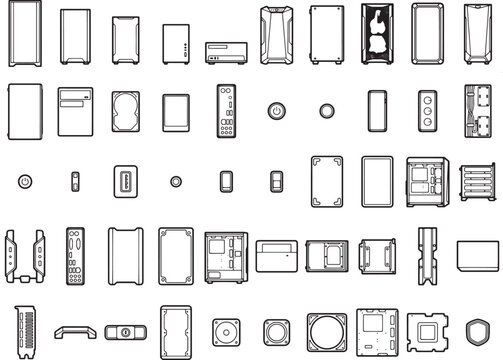 A collection of stylized computer hardware component icons, including various computer cases, motherboards, and other internal parts, arranged in a grid for easy visual reference.
