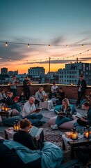 Obraz premium Diverse group of people enjoying a social gathering on a rooftop terrace at sunset.