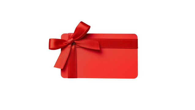 Isolated vibrant red gift card adorned with beautiful satin ribbon and bow for presents.