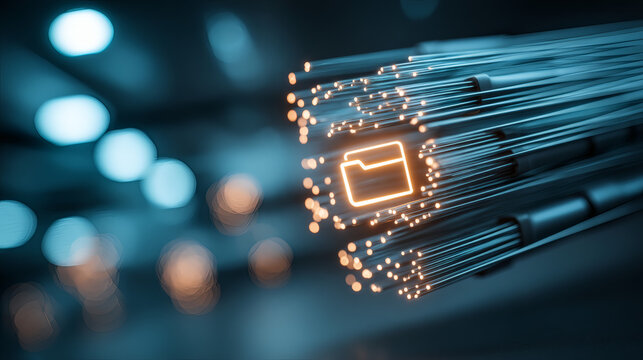macro composition of fiber optic cable ends emitting radiant blue light, arranged in tight cluster with visible texture, central glowing document folder icon symbolizes organized data storage, 