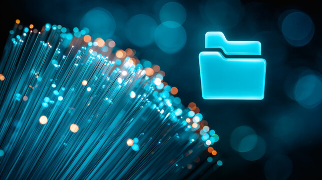 macro composition of fiber optic cable ends emitting radiant blue light, arranged in tight cluster with visible texture, central glowing document folder icon symbolizes organized data storage, 