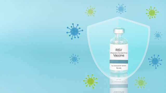 RSV vaccine vial bottle with glass shield and virus on blue background. Respiratory Syncytial Virus vaccine protect older adults and infants from severe lower respiratory tract diseases.