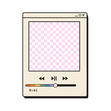 Retro 90s computer media player window with checkered album art placeholder and rainbow pride slider bar isolated on white. Vintage Y2K music application interface element for LGBT pride month. Vector