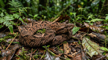 Fototapeta premium Fer de lance Snake Coiled on Forest Floor in Natural Habitat