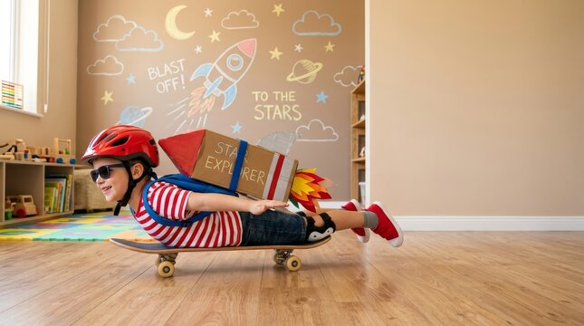 Little boy with toy rocket pack and helmet riding skateboard, dreaming of space flight, creative imagination concept with copy space