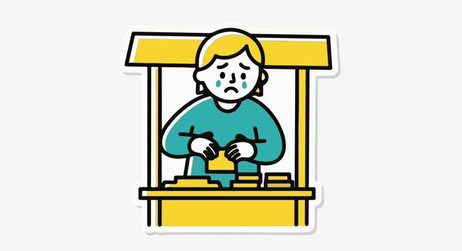 Cartoon character working at a ticket booth window.