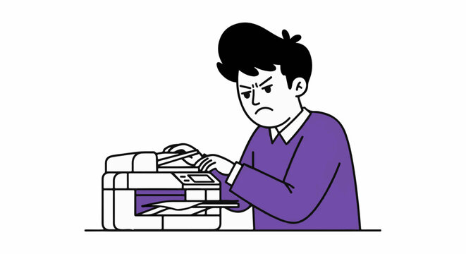 Frustrated young man fixing a jammed office printer.