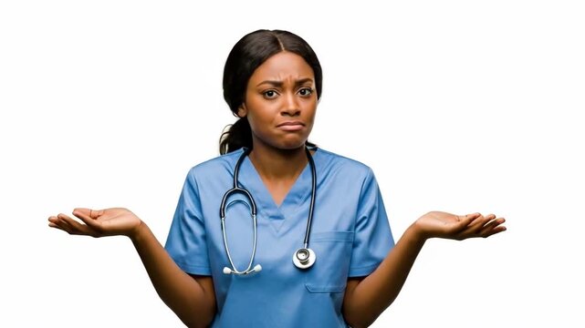 Confused nurse with stethoscope questioning the unknown