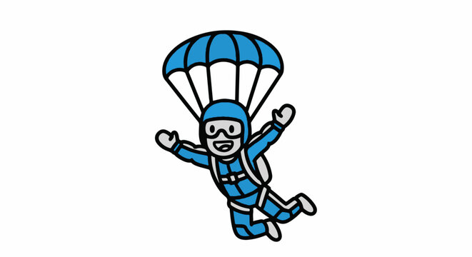 Illustrated character parachuting with blue canopy above.