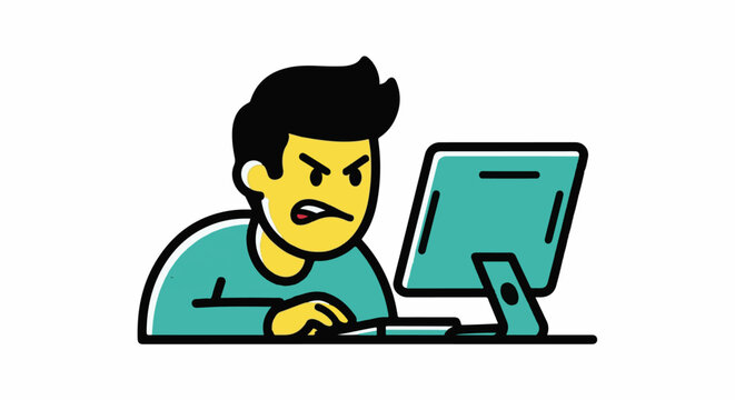 Frustrated man angrily using computer at desk.