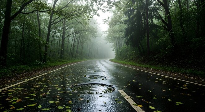 Rainy forest road with potholes and fallen leaves