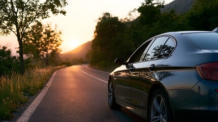 Fototapeta premium A vehicle travels along a scenic road bathed in the warm glowing light of a dramatic sunset