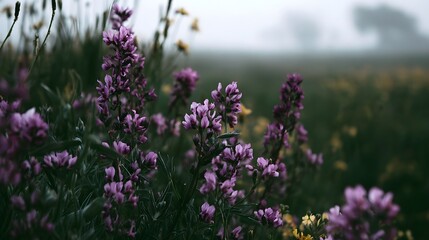 Obraz premium A field of vibrant purple lavender flowers is enveloped in soft diffused morning mist creating a serene and romantic landscape
