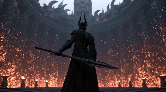 Hades standing inside a massive underworld throne hall, surrounded by black volcanic smoke and glowing embers, dark mythological atmosphere, cinematic, high-detail, dramatic and immersive scene