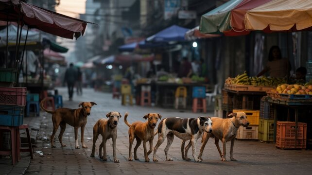 Stray dogs wander through a bustling market street lined with colorful stalls and produce, capturing urban life.