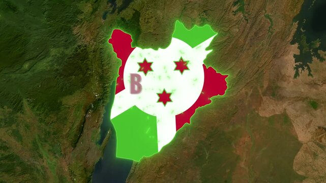Burundi map zoom animation with flag overlay revealing Lake Tanganyika