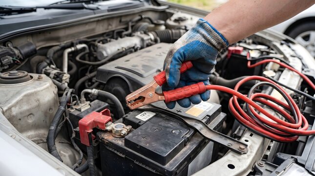 Jump‑Starting a Car Battery Safely: Mechanic Wearing Protective Gloves Attaches Red Positive Jumper Cable Clamp to the Battery Terminal Under the Hood to Restore Power and Start a Disabled Vehicle on 