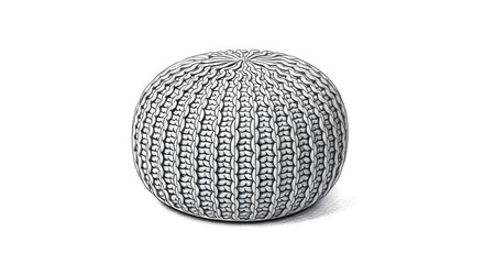 Fototapeta premium Handmade Knitted Gray Round Pouf Ottoman Isolated on White.