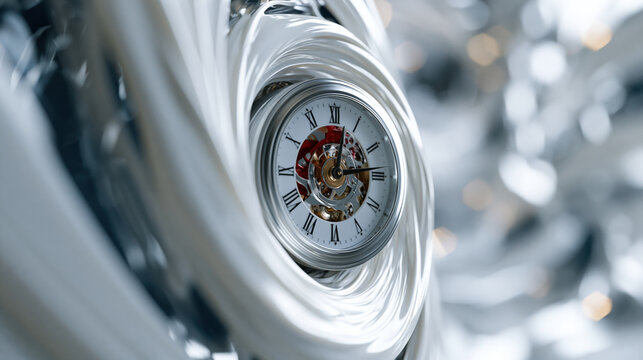 Time travel concept time portal spiral clock face metallic swirl abstract background silver vortex futuristic design surreal scene motion blur shiny texture clockwork mystery