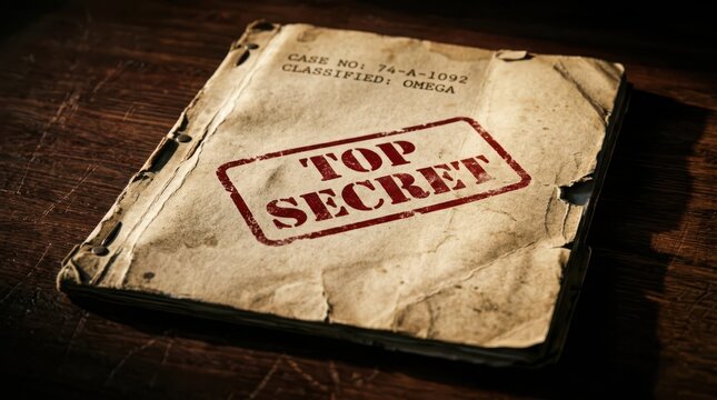 Vintage top secret file folder with red stamp case number and omega classification