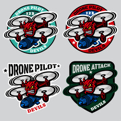 Naklejka premium Set of dron pilot patches with devils head in center of drone and missile under copter. Vector illustration isolated on white. Suitable for logo or sport emblem, military patch, sticker or print