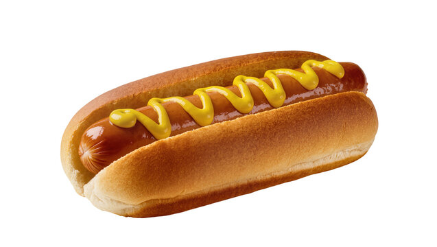 Isolated delicious hot dog with bright yellow mustard on a golden brown bun.