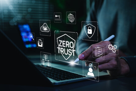 Zero trust security and identity access protection concept. Man using laptop with shield, lock, cloud, password, verification, checklist, user authentication, compliance, cybersecurity control icons