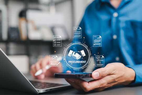 Procurement management and digital purchase workflow concept. Businessman using laptop with handshake icons, contracts, approval documents, checklist, invoice, supplier sourcing, business process