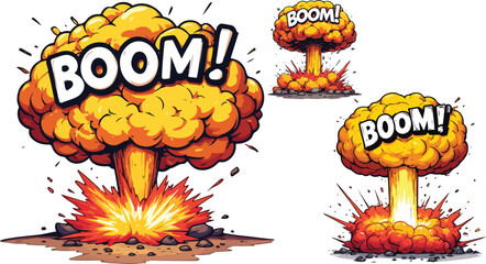 Fototapeta premium Explosion, boom, cartoon vector icons, comic book style, explosive symbols, 3 elements