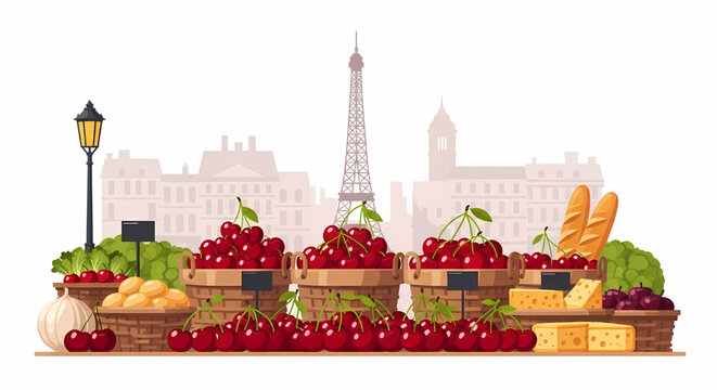 Fresh market stalls with cherries and cheese in front of European cityscape