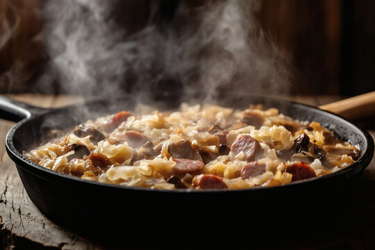 Traditional Polish bigos hunters stew with cabbage and sausages in skillet