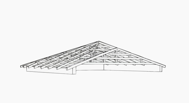 A detailed architectural illustration of a wooden roof truss system, showcasing its structural components and design
