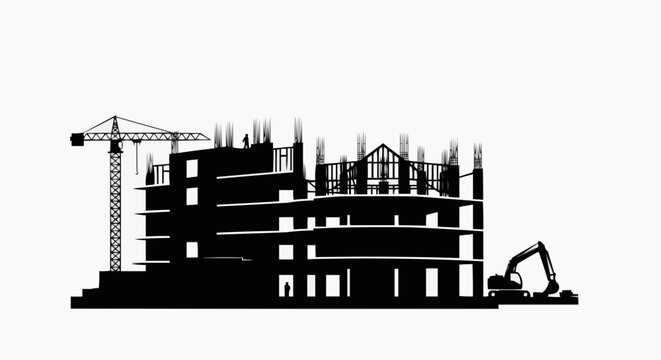 Silhouette of a building under construction, with a crane and excavator