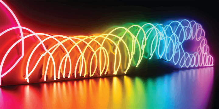 Abstract rainbow neon light tube in a spiral shape casting colorful reflections on a dark surface creating futuristic and dynamic background sci fi colorful abstract background spectrum