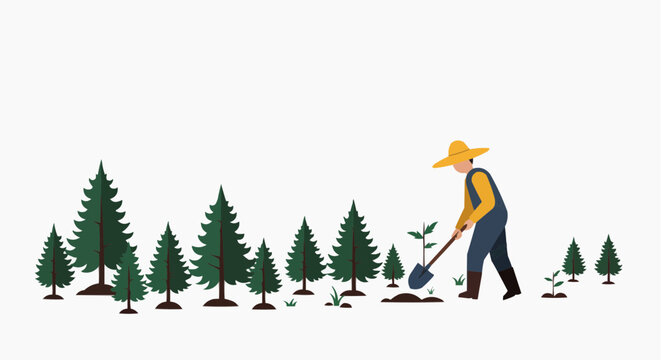 A farmer planting trees in a lush forest landscape. The farmer is wearing a hat and overalls, holding a shovel and planting a small sapling. The trees are evergreen and vary in size.