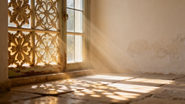 Sunlight streaming through ornate window