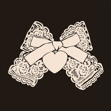Elegant Bow knot ribbon. Beautiful lace ornament. Hand drawn Vector illustration. Wedding invitation, greeting card, Valentine day, fashion, decoration concept. Isolated design element