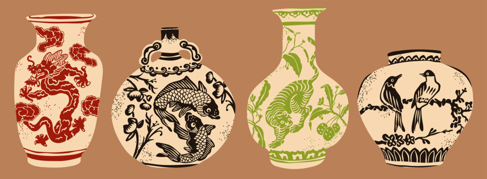 Traditional asian Chinese ceramic Vases. Colored porcelain. Dragon, fish, tiger, bird ornaments. Vintage oriental pottery. Various shapes. Hand drawn Vector illustration. Isolated design elements
