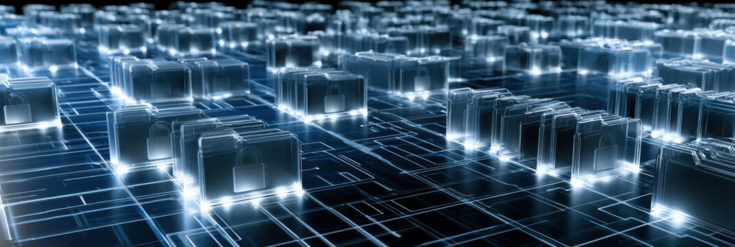 Digital file system structure cyber network data storage secure folder glowing icon abstract background futuristic technology pattern