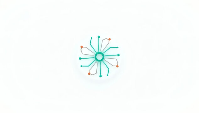 Abstract circular pattern with radiating lines and small dots on a white background, representing a technological or scientific concept