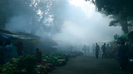 Fototapeta premium A tranquil market scene is enveloped in soft diffused fog creating a mysterious and serene rural atmosphere