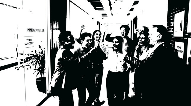 Diverse team celebrating success in modern office, high five gesture
