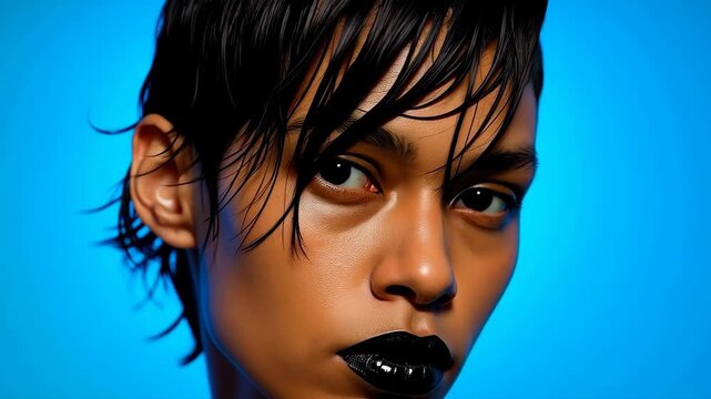High-fashion portrait of an androgynous model with black lipstick and wet hair texture against a vibrant green background, highlighting gender fluidity, modern beauty, and editorial styling.