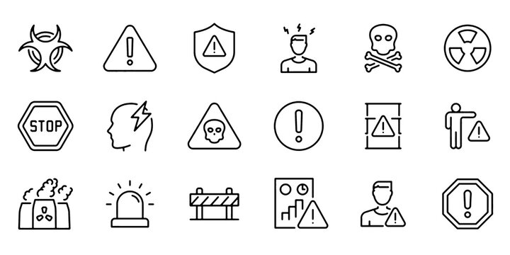 Hazard and Danger Warning Line Icons Set. Alert, Safety, Caution, Exclamation, Risk, Accident, Security and Important Message Vector Illustration Collection.