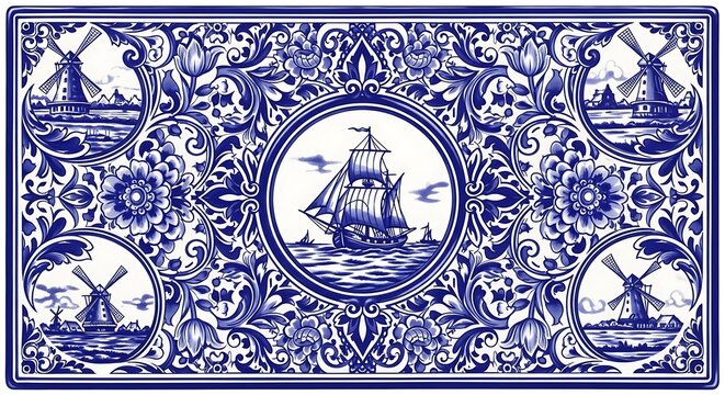 Delft Blue Tile Pattern Featuring Dutch Windmills and Sailing Ship.