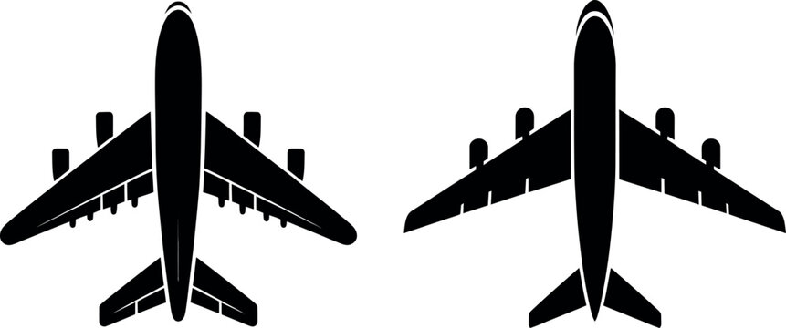 Silhouettes of two airplanes from above with air travel business travel twin engine landing gear airplane aeroplane aircraft transport