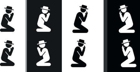 Obraz premium Praying person icon in black and white meditation hope religious symbol with stick figure meditation religion spirituality silhouette kneeling