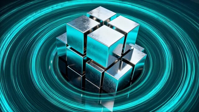 Stacked silver metal cubes with blue reflection on dark background